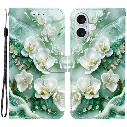 For iPhone 16 Case Pattern Printing Anti-Drop Leather Flip Wallet Phone Cover with Lanyard - Jade Flower
