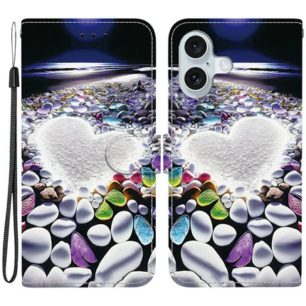 For iPhone 16 Case Pattern Printing Anti-Drop Leather Flip Wallet Phone Cover with Lanyard - Heart Shape