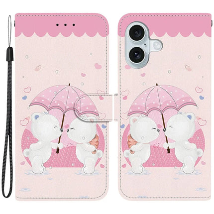 For iPhone 16 Case Pattern Printing Anti-Drop Leather Flip Wallet Phone Cover with Lanyard - Cartoon Couple Bear