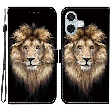 For iPhone 16 Case Pattern Printing Anti-Drop Leather Flip Wallet Phone Cover with Lanyard - Lion Head