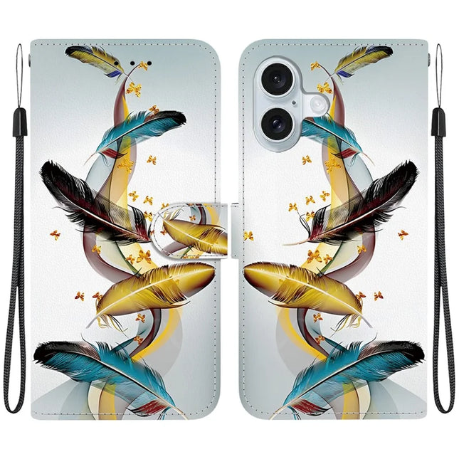 For iPhone 16 Plus Case Pattern Printing Anti-Drop Leather Flip Wallet Phone Cover with Lanyard - Golden Butterfly Feather