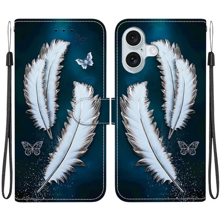 For iPhone 16 Plus Case Pattern Printing Anti-Drop Leather Flip Wallet Phone Cover with Lanyard - White Butterfly Feather