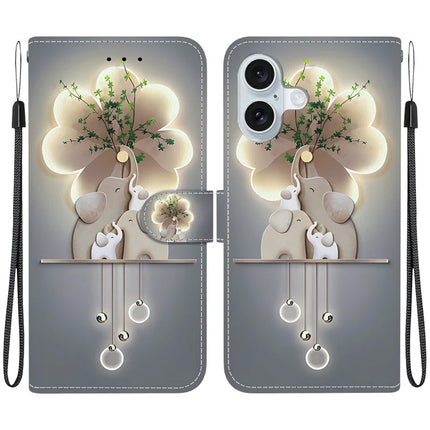 For iPhone 16 Plus Case Pattern Printing Anti-Drop Leather Flip Wallet Phone Cover with Lanyard - Three Elephants