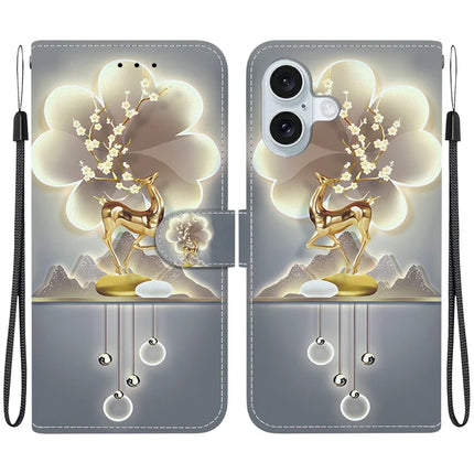 For iPhone 16 Plus Case Pattern Printing Anti-Drop Leather Flip Wallet Phone Cover with Lanyard - Sika Deer