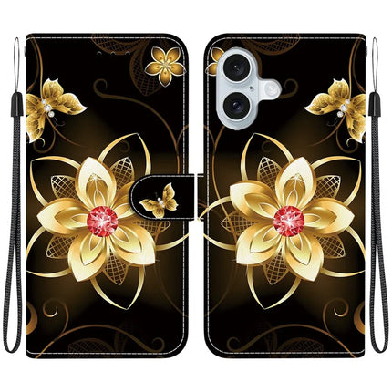 For iPhone 16 Plus Case Pattern Printing Anti-Drop Leather Flip Wallet Phone Cover with Lanyard - Golden Flower