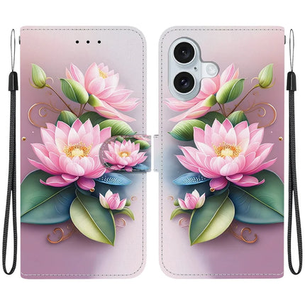 For iPhone 16 Plus Case Pattern Printing Anti-Drop Leather Flip Wallet Phone Cover with Lanyard - Lotus