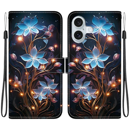 For iPhone 16 Plus Case Pattern Printing Anti-Drop Leather Flip Wallet Phone Cover with Lanyard - Small Lantern Flower