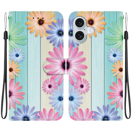 For iPhone 16 Plus Case Pattern Printing Anti-Drop Leather Flip Wallet Phone Cover with Lanyard - Sunflower