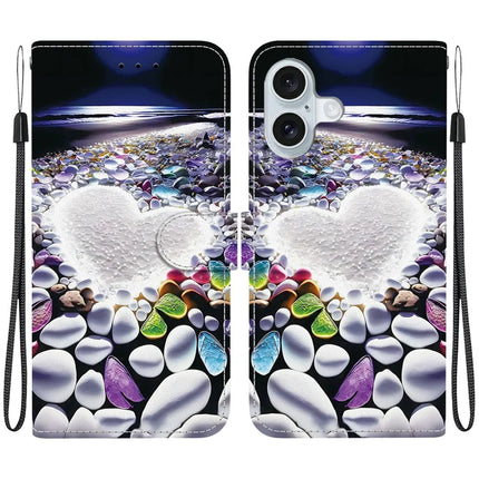 For iPhone 16 Plus Case Pattern Printing Anti-Drop Leather Flip Wallet Phone Cover with Lanyard - Heart Shape
