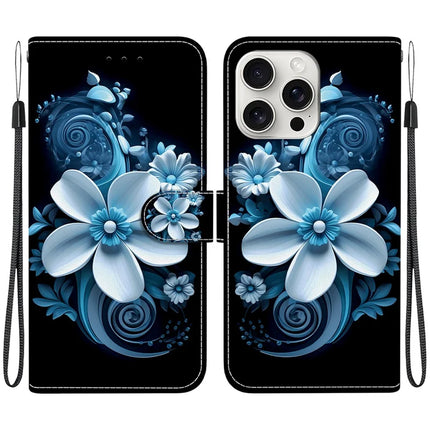 For iPhone 16 Pro Case Pattern Printing Anti-Drop Leather Flip Wallet Phone Cover with Lanyard - Black Orchid