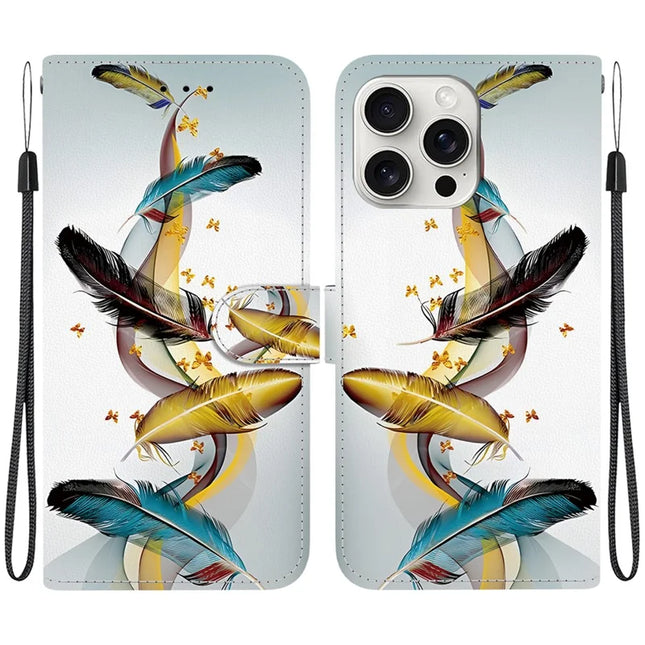 For iPhone 16 Pro Max Case Pattern Printing Anti-Drop Leather Flip Wallet Phone Cover with Lanyard - Golden Butterfly Feather