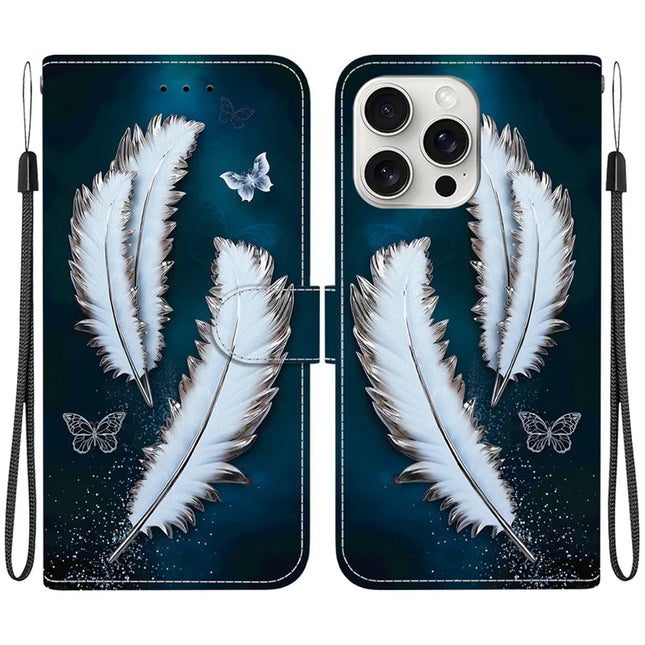 For iPhone 16 Pro Max Case Pattern Printing Anti-Drop Leather Flip Wallet Phone Cover with Lanyard - White Butterfly Feather