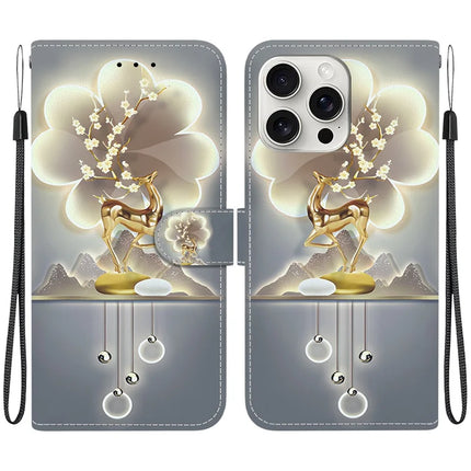 For iPhone 16 Pro Max Case Pattern Printing Anti-Drop Leather Flip Wallet Phone Cover with Lanyard - Sika Deer