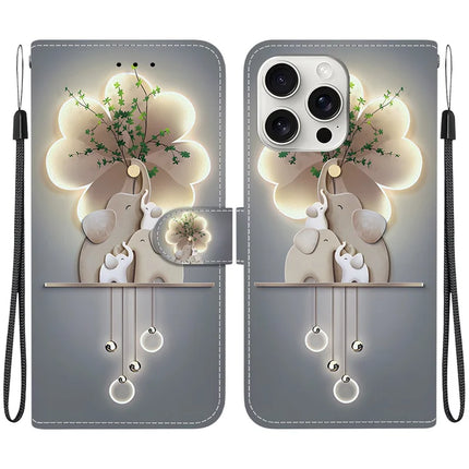 For iPhone 16 Pro Max Case Pattern Printing Anti-Drop Leather Flip Wallet Phone Cover with Lanyard - Three Elephants
