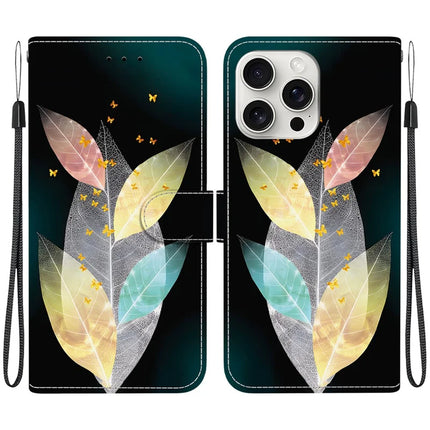 For iPhone 16 Pro Max Case Pattern Printing Anti-Drop Leather Flip Wallet Phone Cover with Lanyard - Colored Leaves