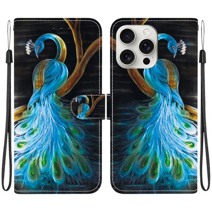 For iPhone 16 Pro Max Case Pattern Printing Anti-Drop Leather Flip Wallet Phone Cover with Lanyard - Peacock