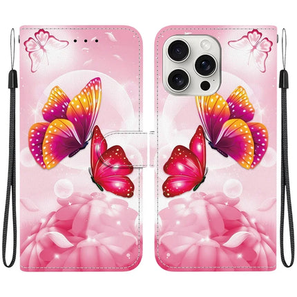 For iPhone 16 Pro Max Case Pattern Printing Anti-Drop Leather Flip Wallet Phone Cover with Lanyard - Pink Butterfly