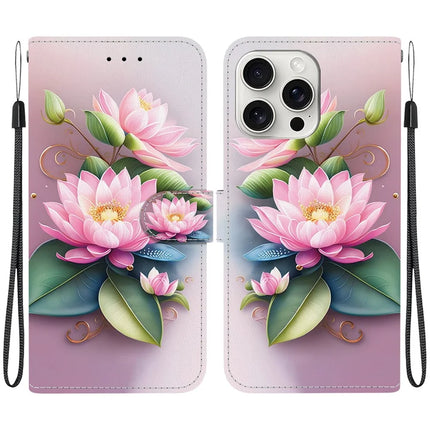 For iPhone 16 Pro Max Case Pattern Printing Anti-Drop Leather Flip Wallet Phone Cover with Lanyard - Lotus