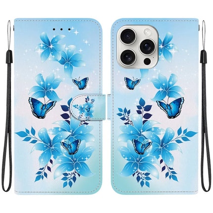 For iPhone 16 Pro Max Case Pattern Printing Anti-Drop Leather Flip Wallet Phone Cover with Lanyard - Blue Butterfly