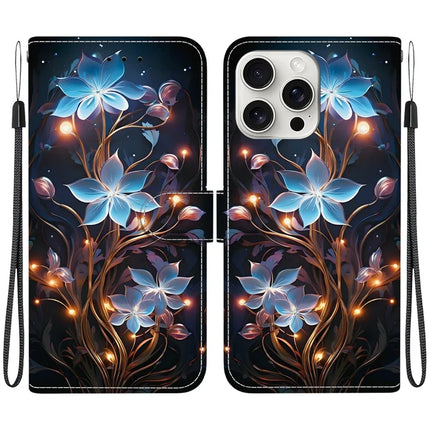 For iPhone 16 Pro Max Case Pattern Printing Anti-Drop Leather Flip Wallet Phone Cover with Lanyard - Small Lantern Flower