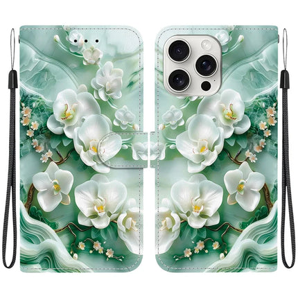 For iPhone 16 Pro Max Case Pattern Printing Anti-Drop Leather Flip Wallet Phone Cover with Lanyard - Jade Flower