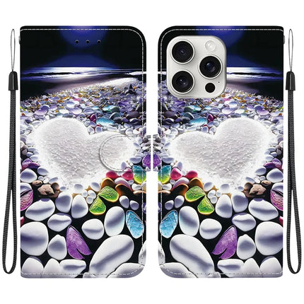 For iPhone 16 Pro Max Case Pattern Printing Anti-Drop Leather Flip Wallet Phone Cover with Lanyard - Heart Shape