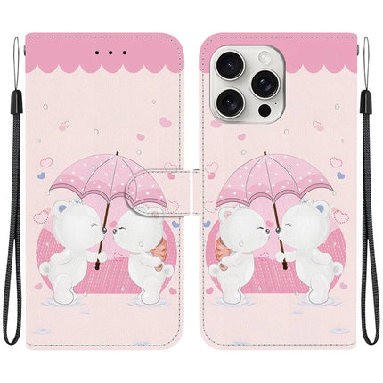 For iPhone 16 Pro Max Case Pattern Printing Anti-Drop Leather Flip Wallet Phone Cover with Lanyard - Cartoon Couple Bear