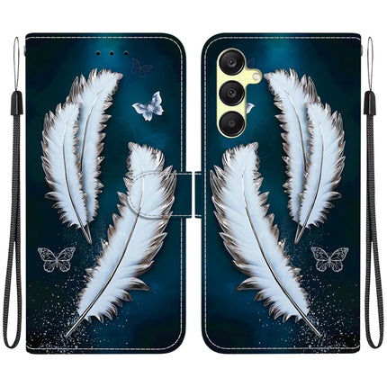 For Samsung Galaxy A25 5G (Global) (161.0 x 76.5 x 8.3mm) Case Pattern Printing Leather Wallet Phone Cover with Lanyard - White Butterfly Feather