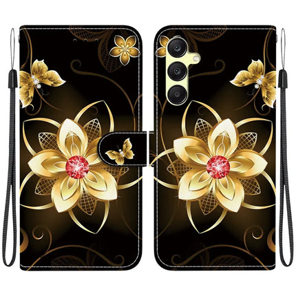 For Samsung Galaxy A25 5G (Global) (161.0 x 76.5 x 8.3mm) Case Pattern Printing Leather Wallet Phone Cover with Lanyard - Golden Flower