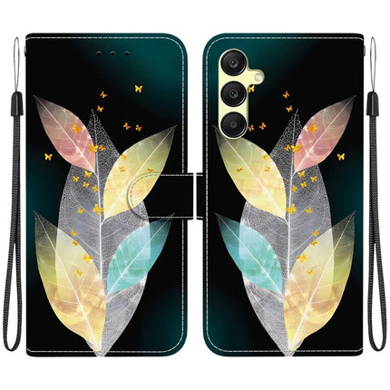 For Samsung Galaxy A25 5G (Global) (161.0 x 76.5 x 8.3mm) Case Pattern Printing Leather Wallet Phone Cover with Lanyard - Colored Leaves