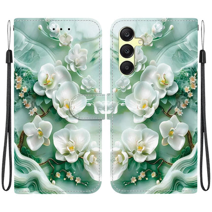 For Samsung Galaxy A25 5G (Global) (161.0 x 76.5 x 8.3mm) Case Pattern Printing Leather Wallet Phone Cover with Lanyard - Jade Flower
