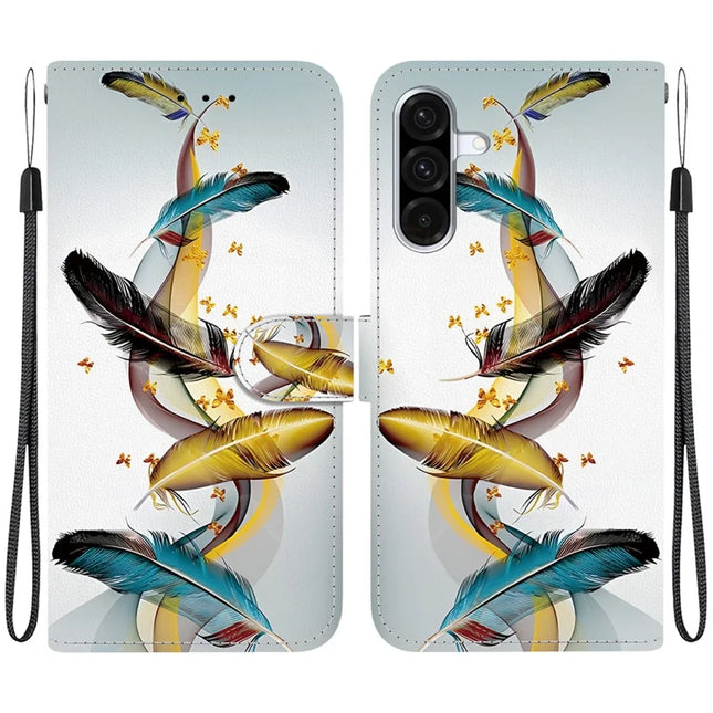 For Samsung Galaxy A56 5G  /  A36 5G Case Pattern Printing Anti-Drop Leather Flip Wallet Phone Cover with Lanyard - Golden Butterfly Feather