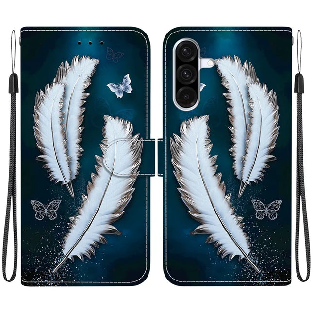 For Samsung Galaxy A56 5G  /  A36 5G Case Pattern Printing Anti-Drop Leather Flip Wallet Phone Cover with Lanyard - White Butterfly Feather