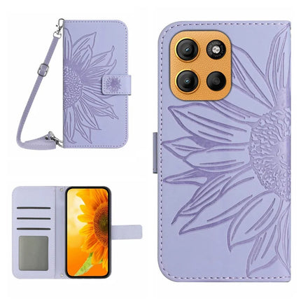 For Motorola Moto G15 4G Case Sunflower Imprint PU Leather Phone Cover with Long Strap - Light Purple