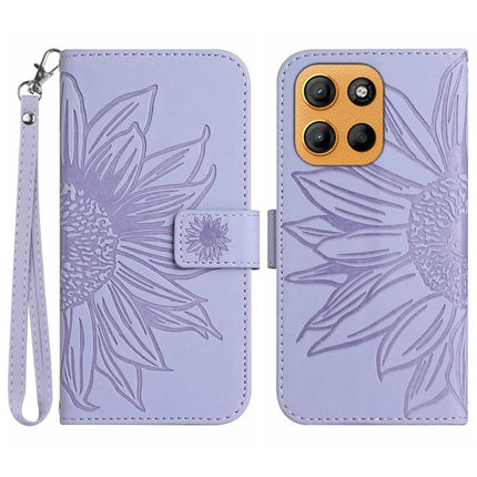 For Motorola Moto G15 4G Case Sunflower Imprint Leather Wallet Phone Cover with Wrist Strap - Light Purple