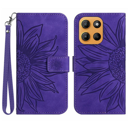 For Motorola Moto G15 4G Case Sunflower Imprint Leather Wallet Phone Cover with Wrist Strap - Dark Purple
