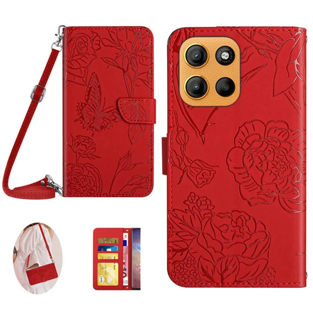 For Motorola Moto G15 4G Case Butterfly Flower Imprint Leather Phone Cover with Shoulder Strap - Red