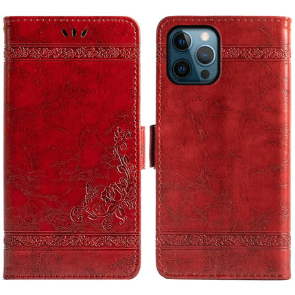 For iPhone 16 Pro Max Leather Case Flower Imprint Wallet Phone Cover with Side Buckle - Red