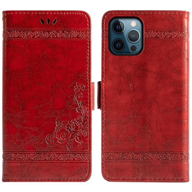 For iPhone 16 Pro Max Leather Case Flower Imprint Wallet Phone Cover with Side Buckle - Red