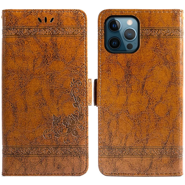 For iPhone 16 Pro Max Leather Case Flower Imprint Wallet Phone Cover with Side Buckle - Brown