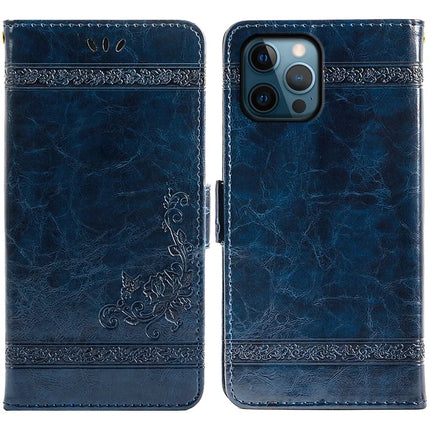 For iPhone 16 Pro Max Leather Case Flower Imprint Wallet Phone Cover with Side Buckle - Blue