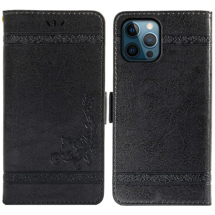 For iPhone 16 Pro Max Leather Case Flower Imprint Wallet Phone Cover with Side Buckle - Black