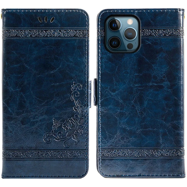For iPhone 16 Pro Leather Case Flower Imprint Wallet Phone Cover with Side Buckle - Blue