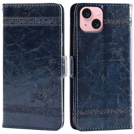 For iPhone 13 Leather Case Flower Imprint Wallet Phone Cover with Side Buckle - Blue
