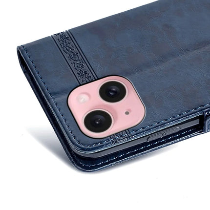 For iPhone 13 Leather Case Flower Imprint Wallet Phone Cover with Side Buckle