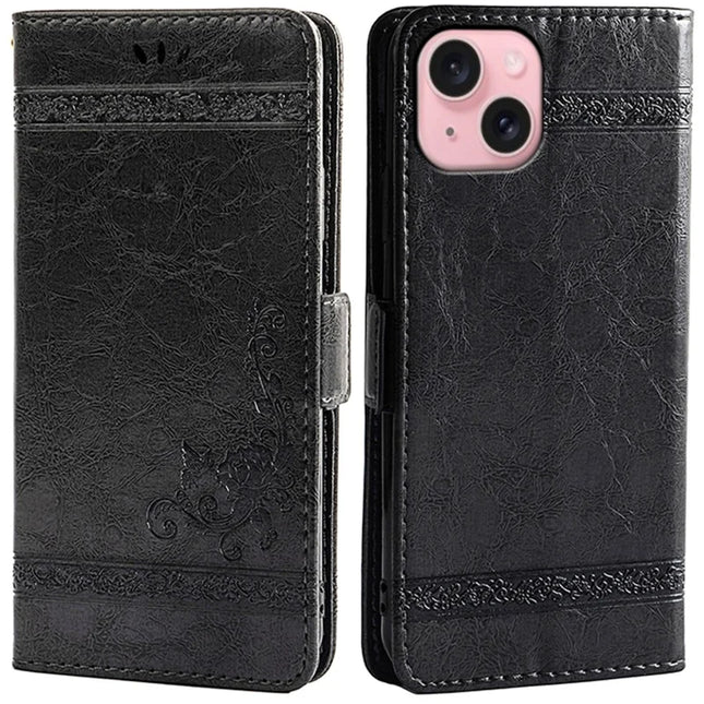 For iPhone 13 Leather Case Flower Imprint Wallet Phone Cover with Side Buckle - Black