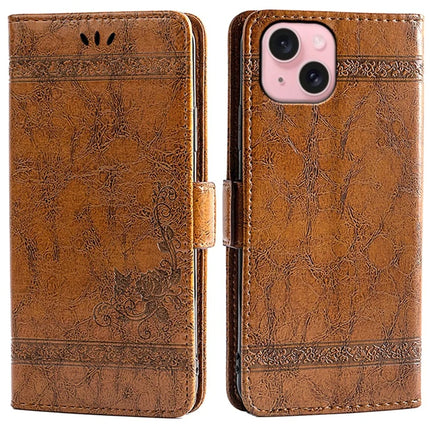 For iPhone 13 Leather Case Flower Imprint Wallet Phone Cover with Side Buckle - Brown