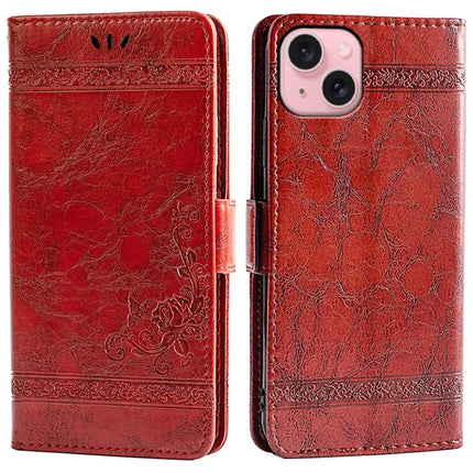 For iPhone 13 Leather Case Flower Imprint Wallet Phone Cover with Side Buckle - Red