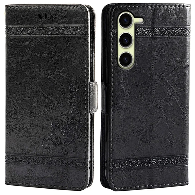 For Samsung Galaxy S23 Leather Case Flower Imprint Wallet Phone Cover with Side Buckle - Black
