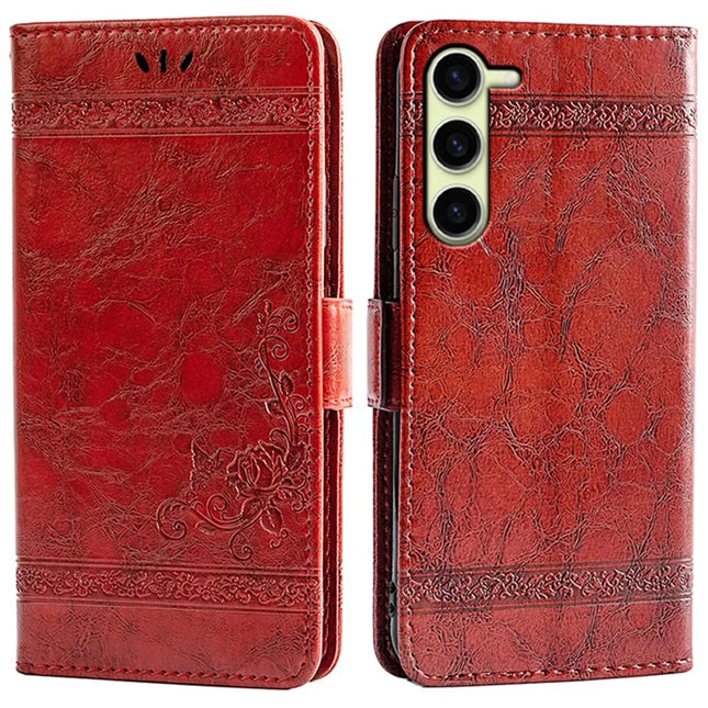 For Samsung Galaxy S23 Leather Case Flower Imprint Wallet Phone Cover with Side Buckle - Red